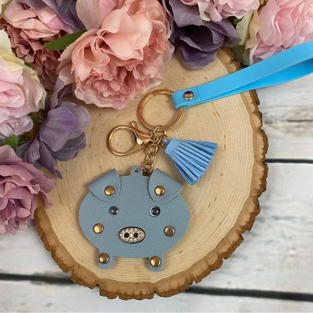 Dusty Blue Pig Keychain with Tassel and Wristband - Picture 1 of 7